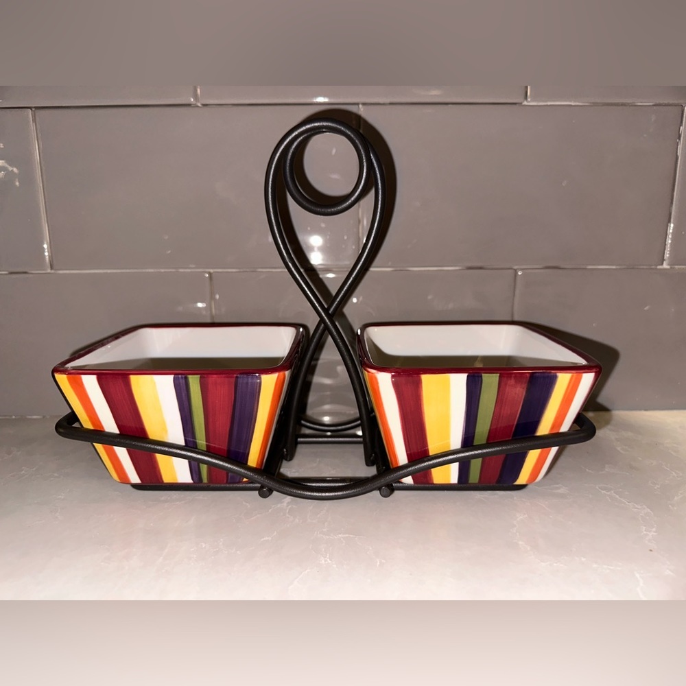 Pampered Chef Simple Additions Stripped Condiment Serving Bowls w Caddy